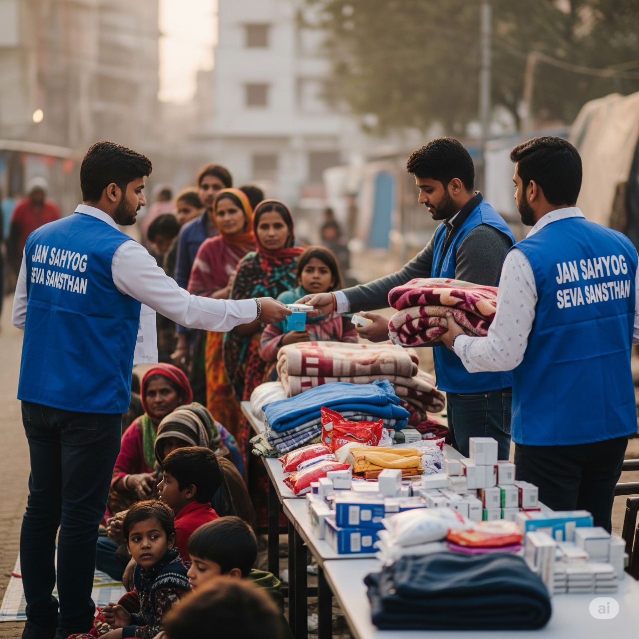 बेसहारा लोगों को कंबल, कपड़े, भोजन और दवाइयां